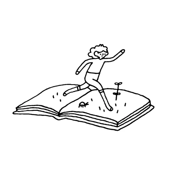 ilustração de uma pessoa caminhando sobre um livro aberto